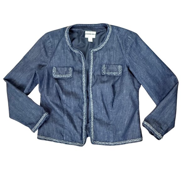 Christopher & Banks Jackets & Blazers - Christopher & Banks Open Front Denim Jacket Braided Silver Thread Trim - Large